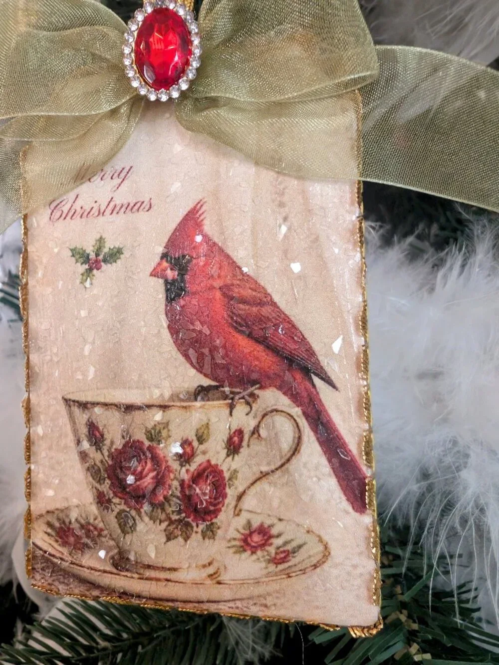 Red Cardinal Bird Glass Glitter Decoupage Christmas Ornament Victorian Shabby